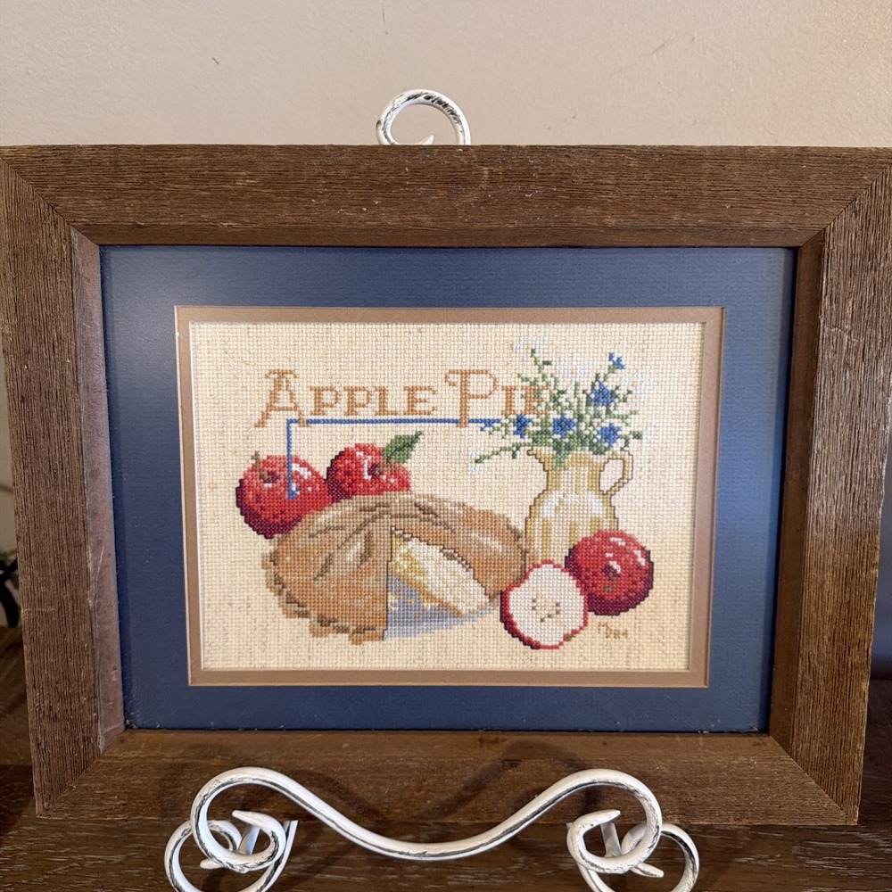 VTG Cross Stitch Apple Pie Framed Picture Summer Americana 4th Of July 11 X 14